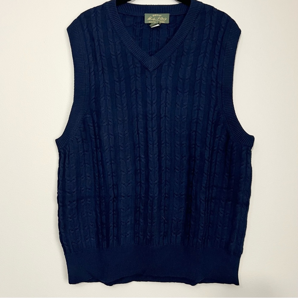 V-neck Cable Knit Navy Wool Sweater Vest Mens L Classic Heritage Preppy Academic